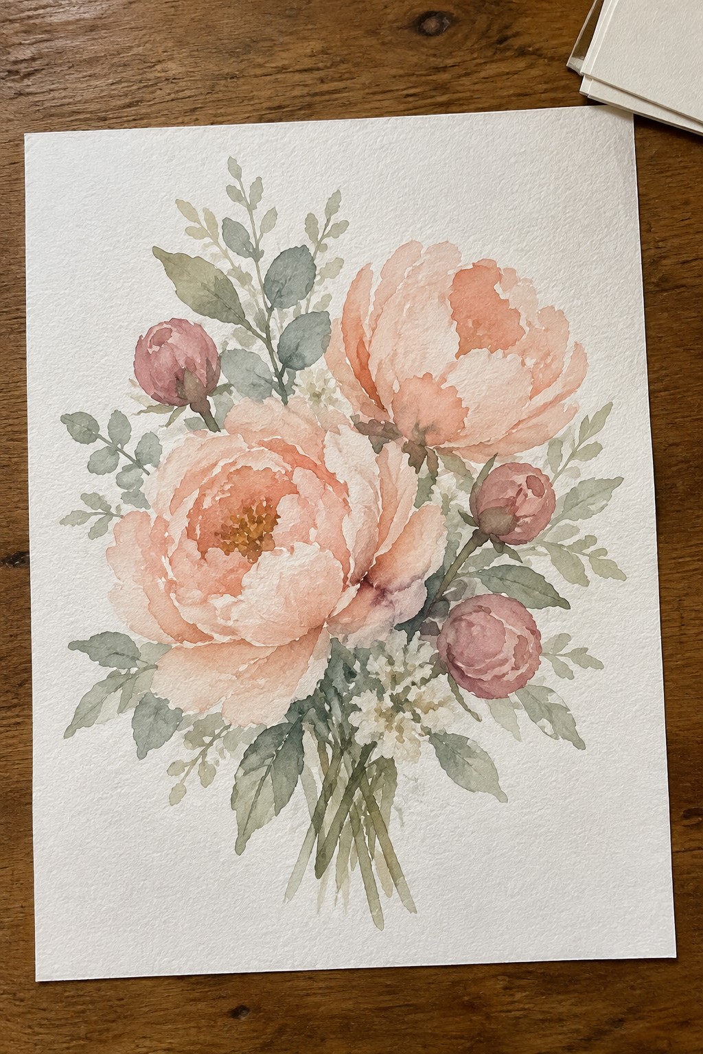Watercolor painting of peach peonies, pink rosebuds, and green leaves on white paper.