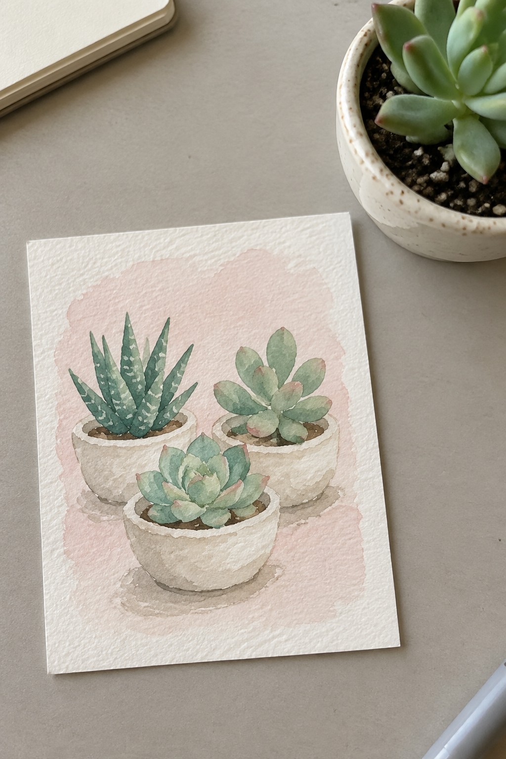 A watercolor painting of three small succulents in white pots arranged on a light pink wash background.