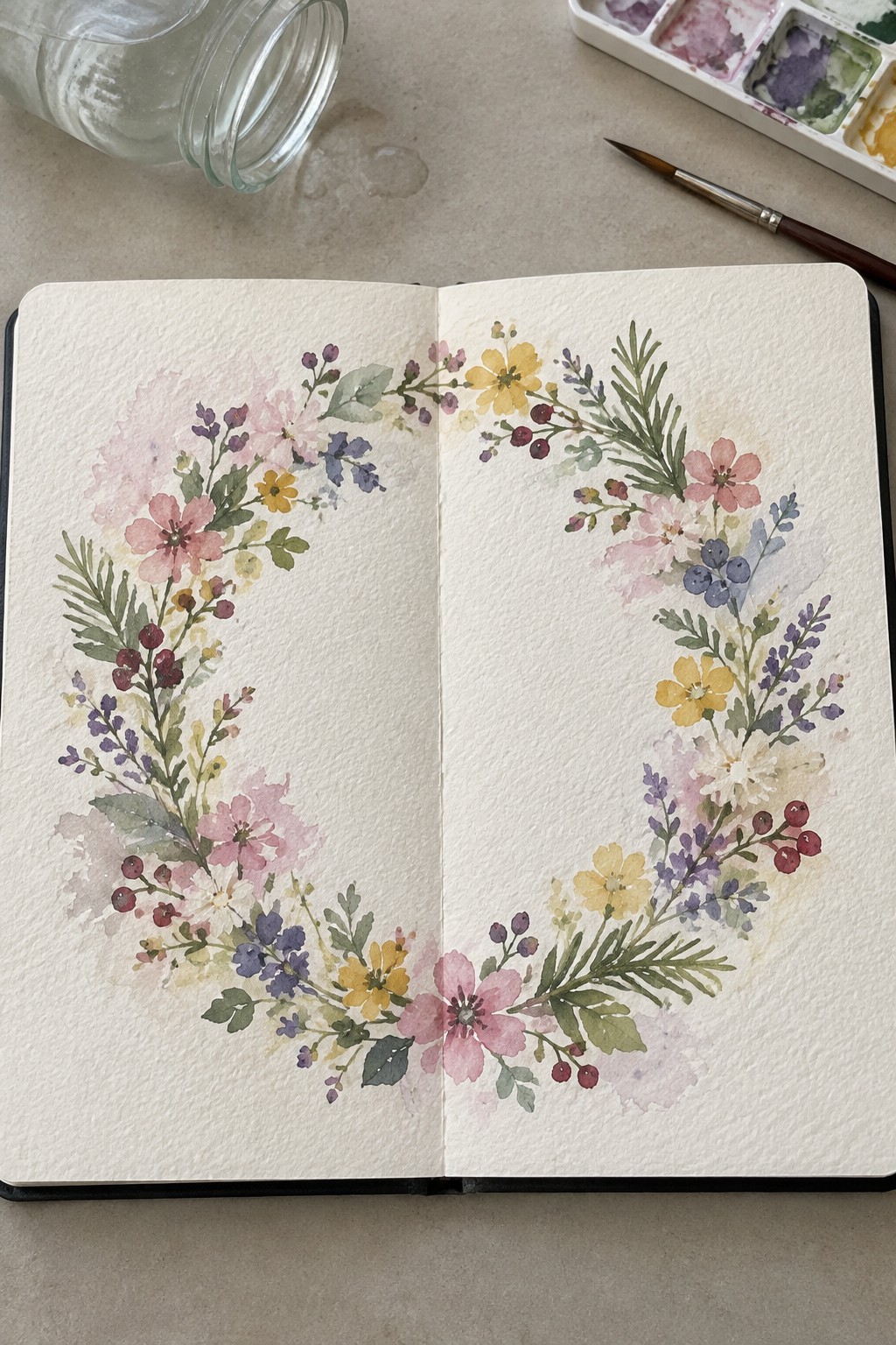 Open sketchbook with colorful watercolor floral wreath and nearby paintbrush and palette.