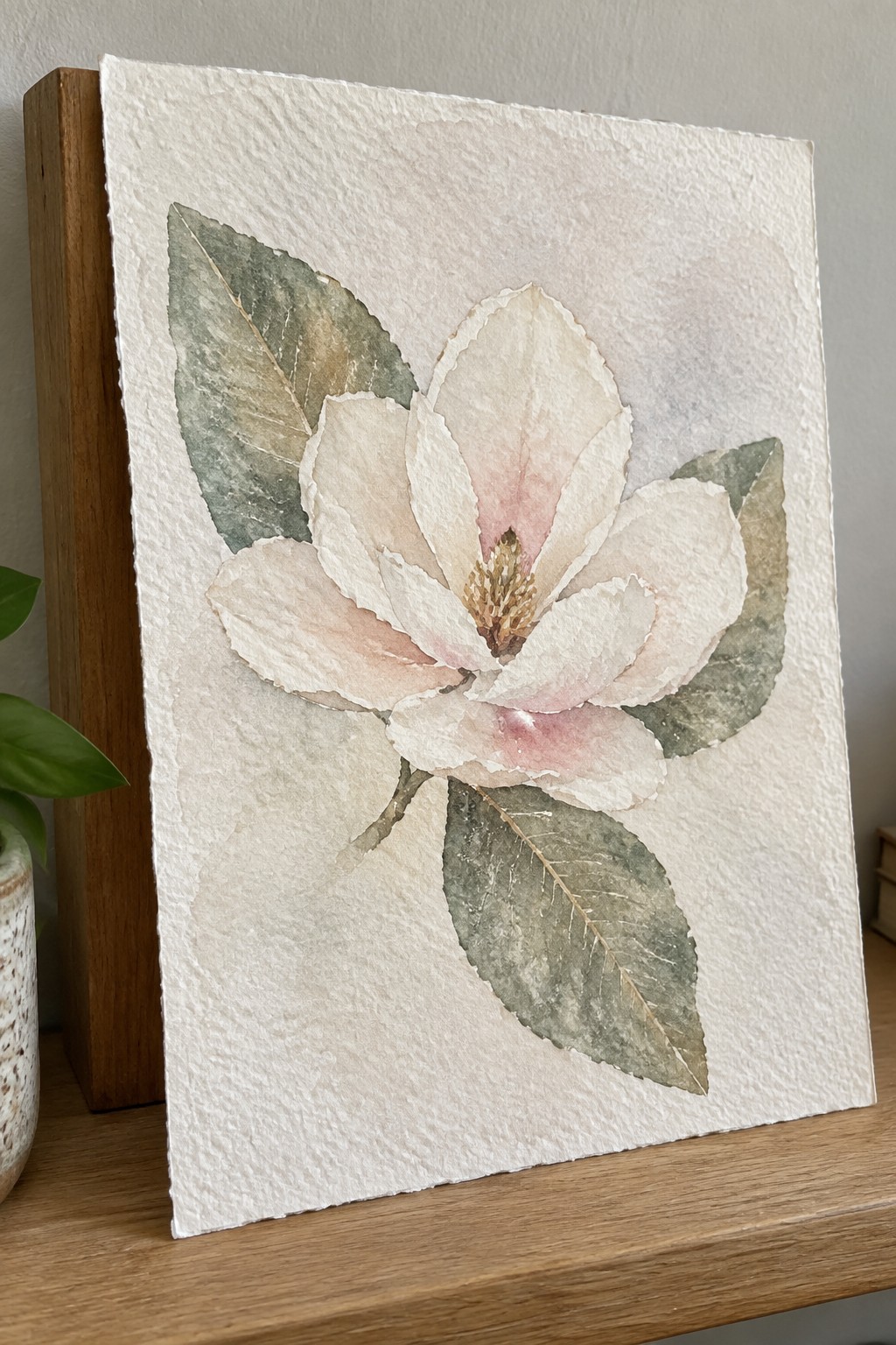 Watercolor magnolia with soft pink petals and green leaves on textured paper