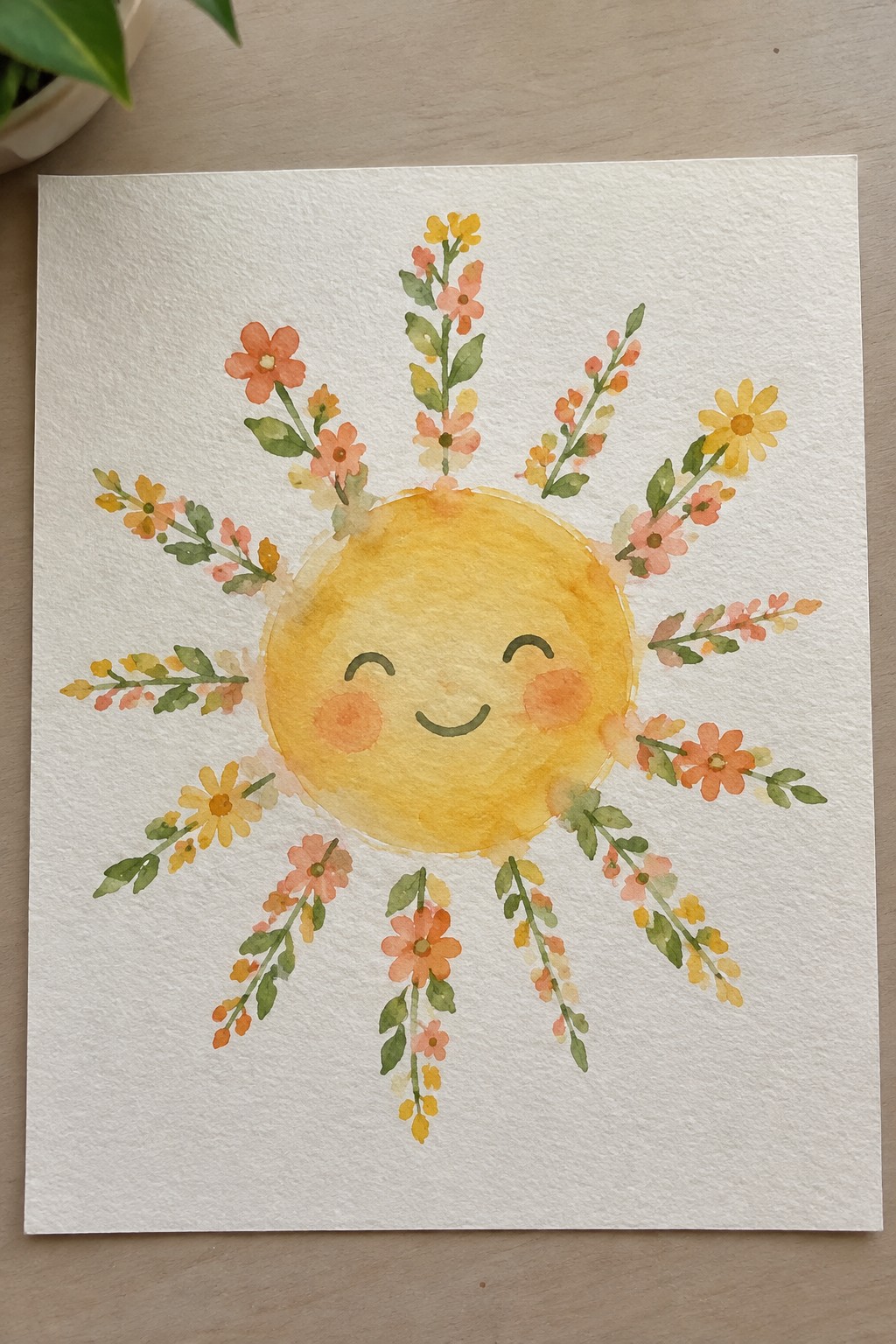 Watercolor smiling sun with rosy cheeks encircled by colorful blooming flower rays