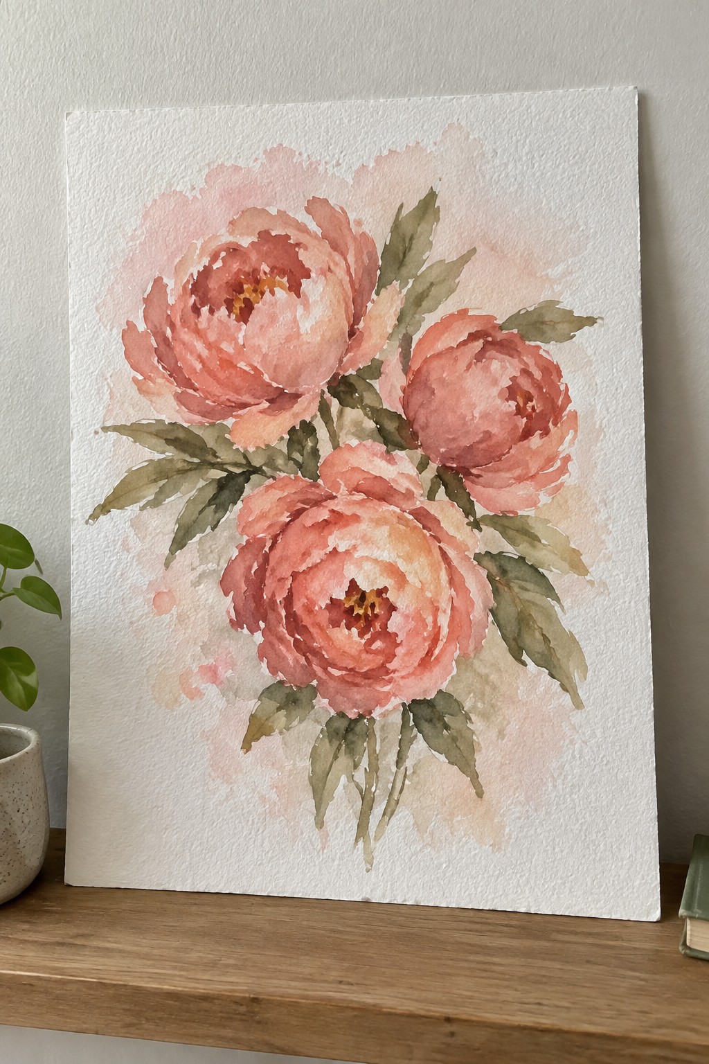 Watercolor painting of three pink peonies with green leaves on white paper