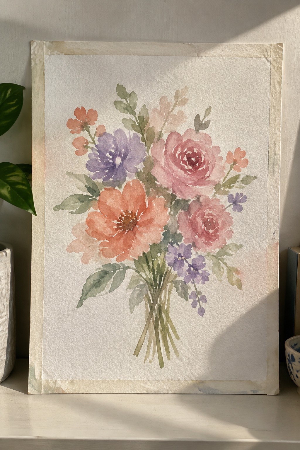 Watercolor bouquet of pink roses, orange poppies, purple blooms, and green foliage