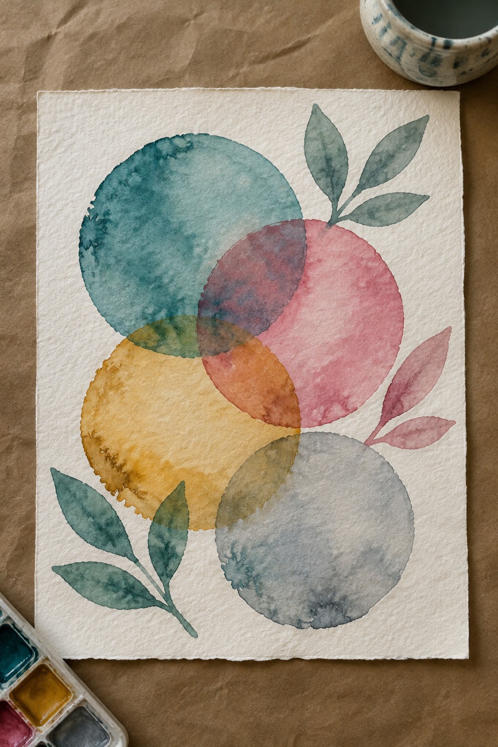 Watercolor painting of overlapping teal, yellow, orange, pink, and gray circles with leaves