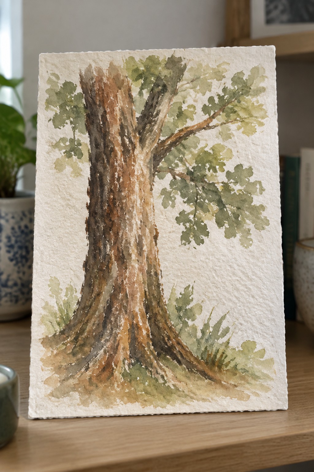 Watercolor painting of tree with thick brown trunk, roots, and green leaves on textured paper.