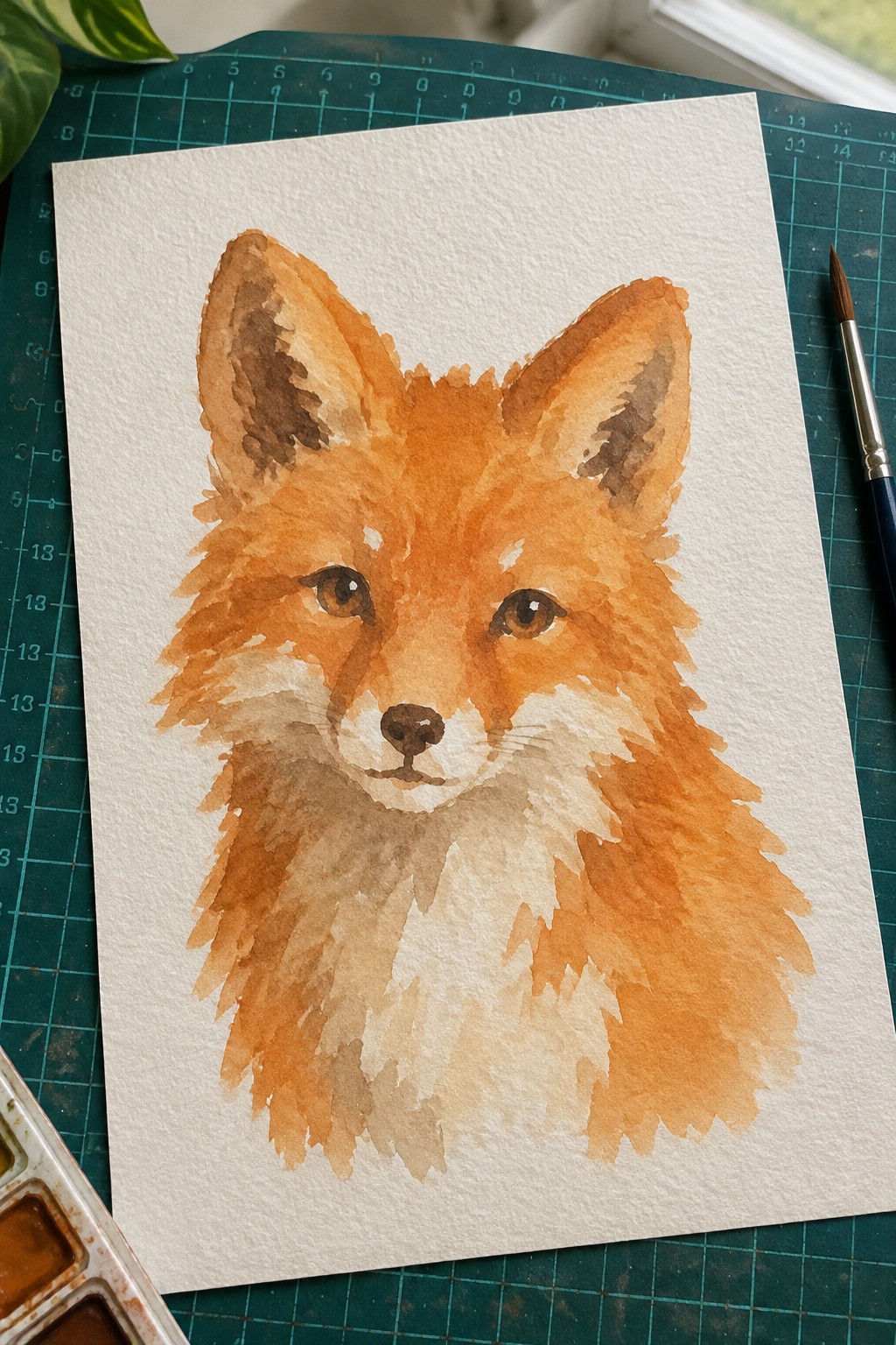 Watercolor fox portrait in orange tones on white paper beside paintbrush on green mat