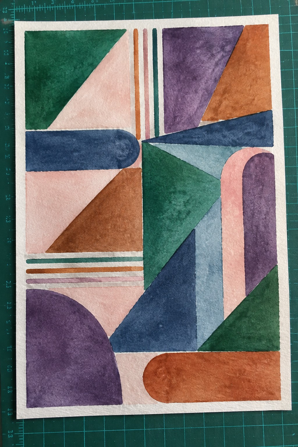 Abstract geometric watercolor with colorful triangles, curves, and lines on white paper