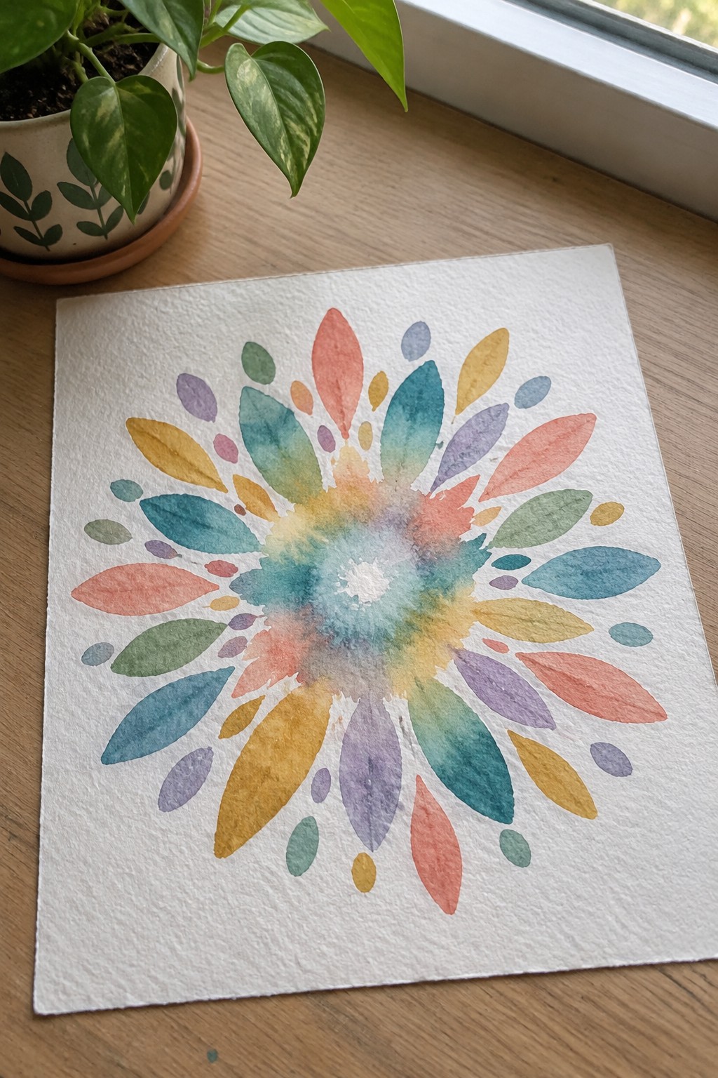 Colorful watercolor mandala with rainbow petals on white paper beside potted plant