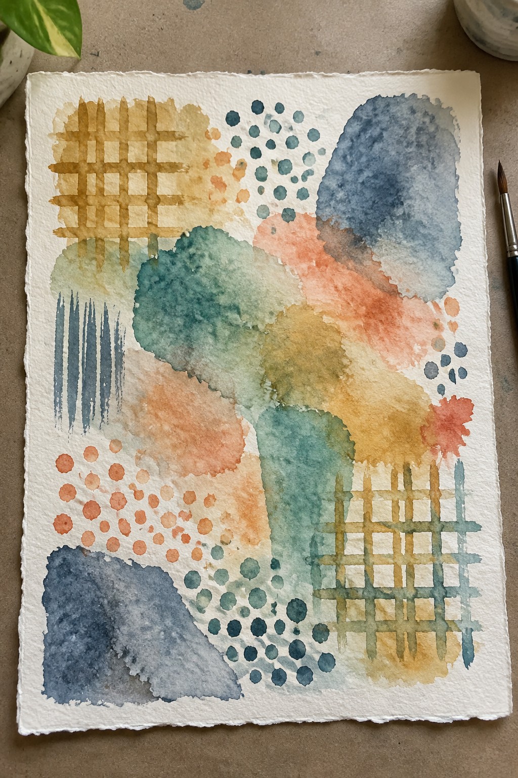 Abstract watercolor painting with blue, green, orange shapes, grids, dots, and paintbrush on paper.