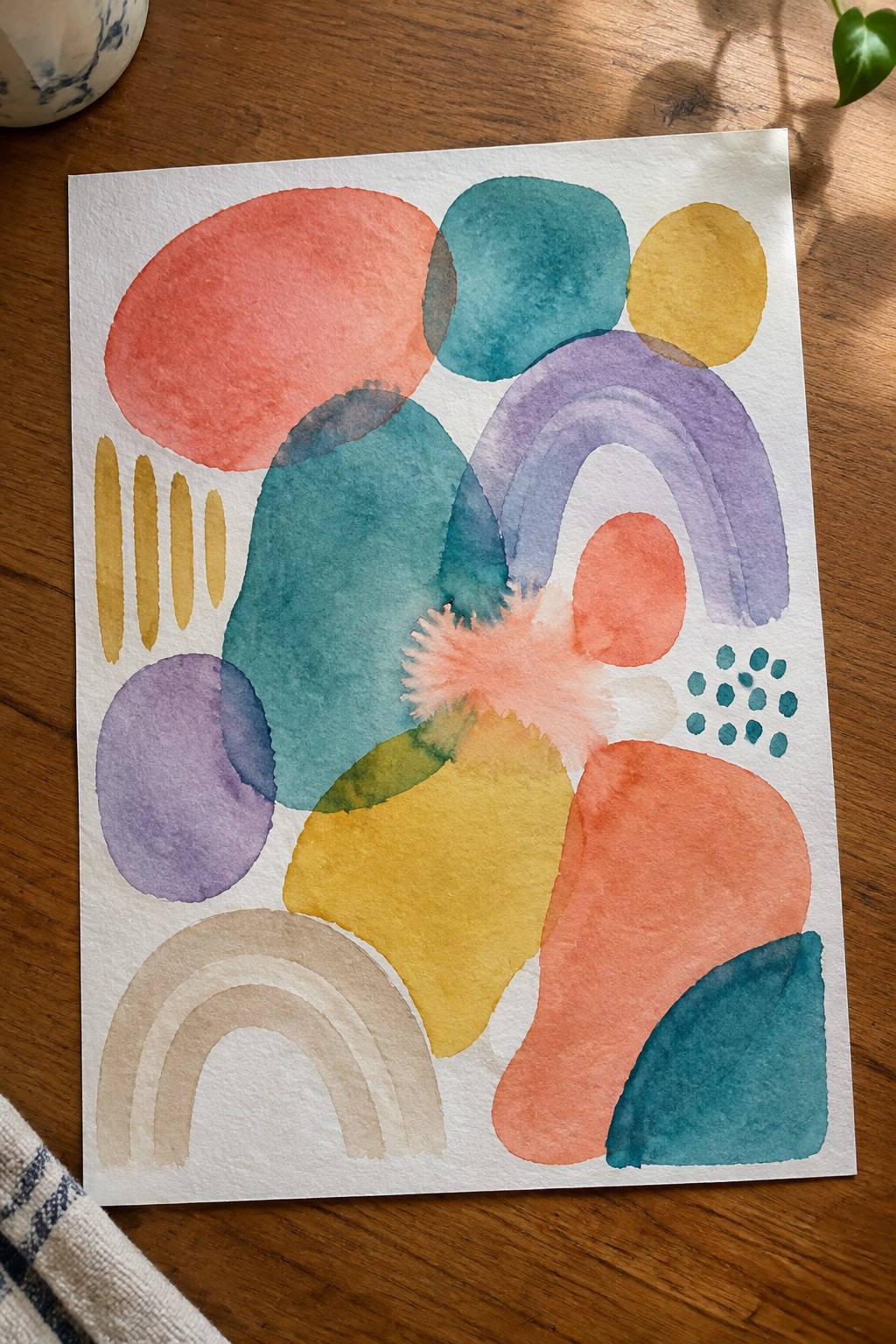 Abstract watercolor with colorful circles, arcs, and dots on white paper over wood.