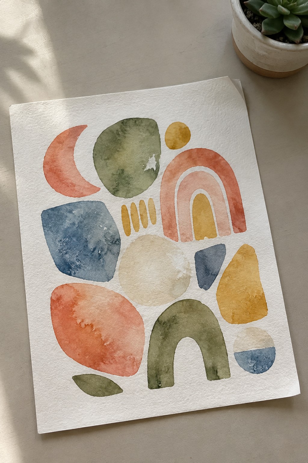 Abstract watercolor with colorful arches, crescent moon, circles, and shapes on paper