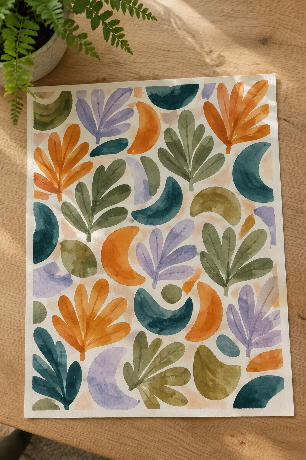Abstract watercolor leaves and crescents in orange, teal, and purple on paper
