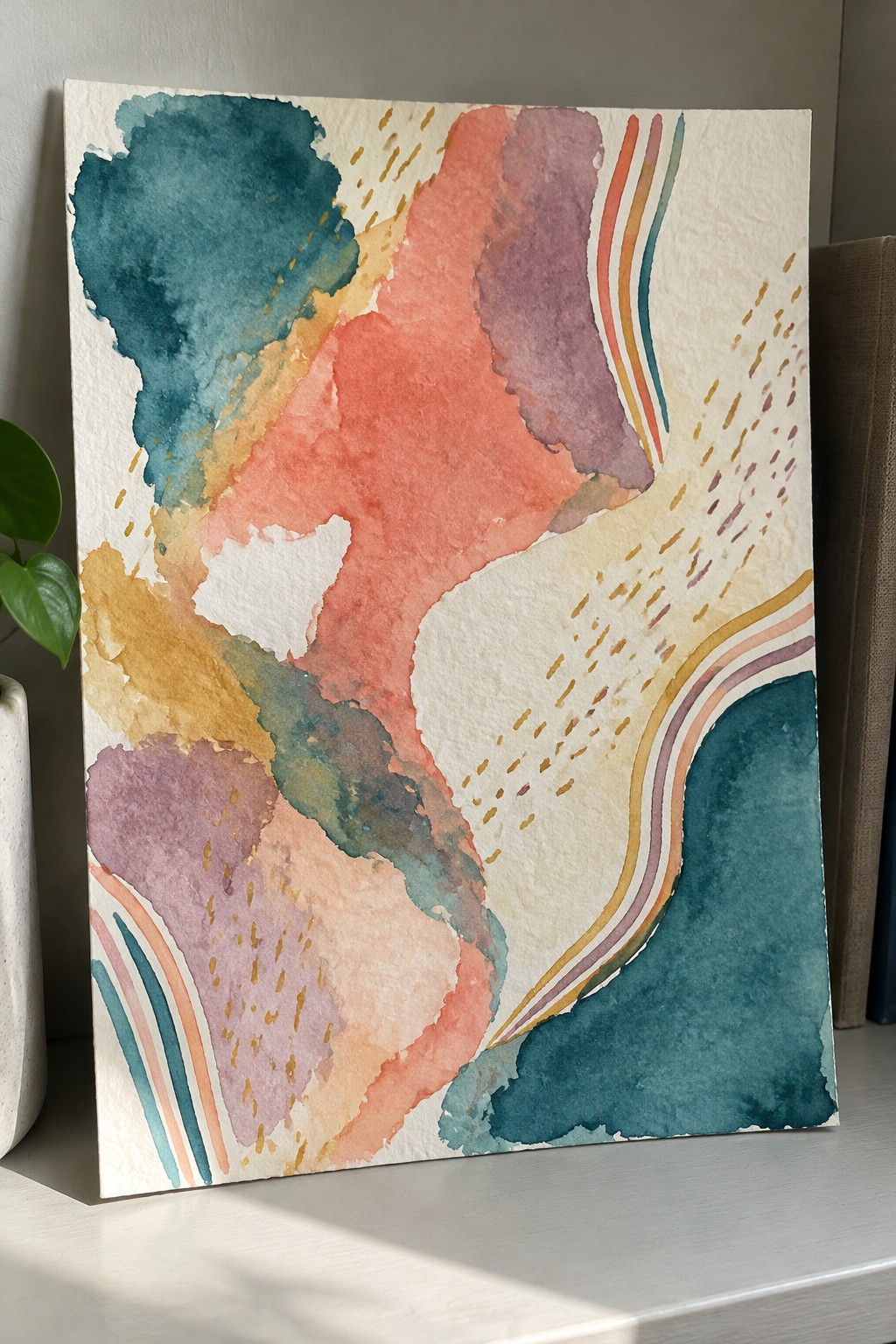 Watercolor painting of overlapping abstract shapes in teal, coral, purple, and mustard with curved and dashed lines on white paper.