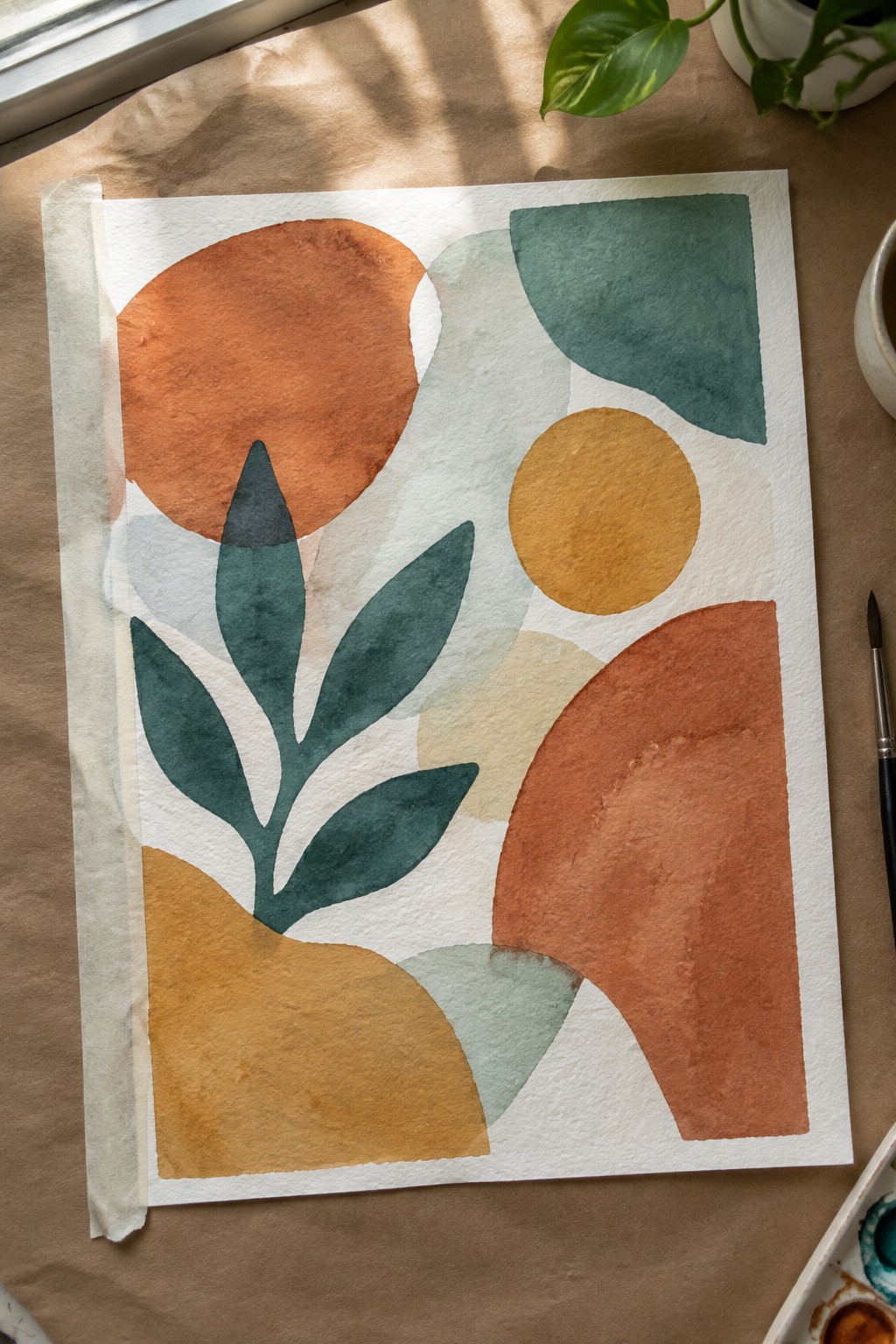 Abstract watercolor with terracotta, teal, mustard shapes and leaf motif on white paper