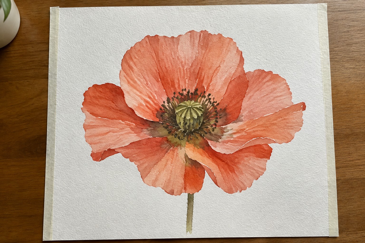Watercolor painting of orange poppy with dark center on white paper over wood