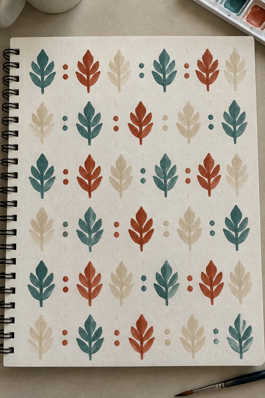 A sketchbook page with rows of stylized watercolor leaves in teal, rust, and beige tones separated by dotted lines.