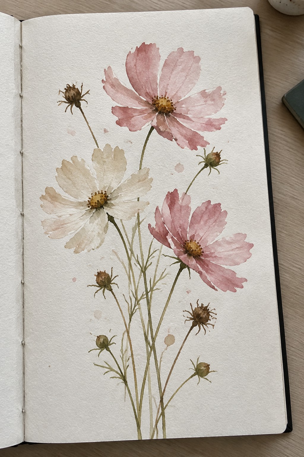 Watercolor of pink and white cosmos flowers with buds in an open sketchbook