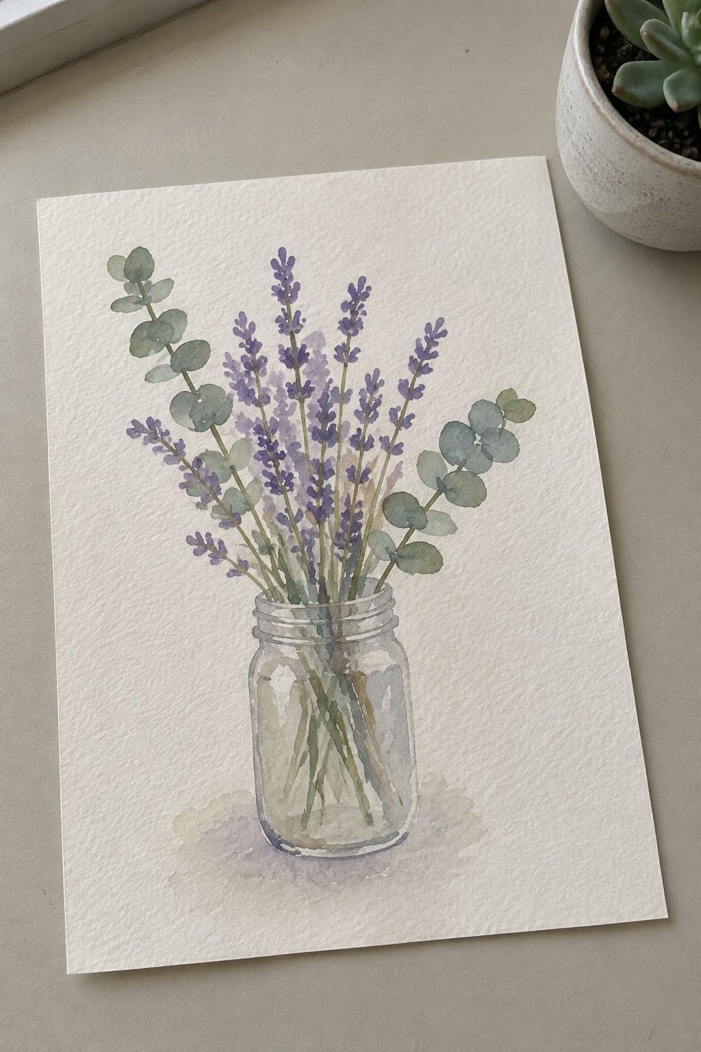 Watercolor of purple lavender and green eucalyptus in a glass mason jar on paper
