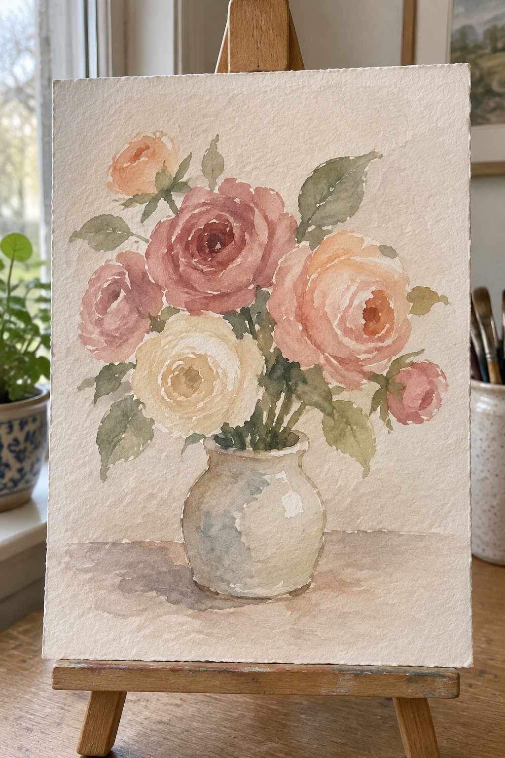 Soft pink and peach watercolor roses in a ceramic vase on wooden easel.