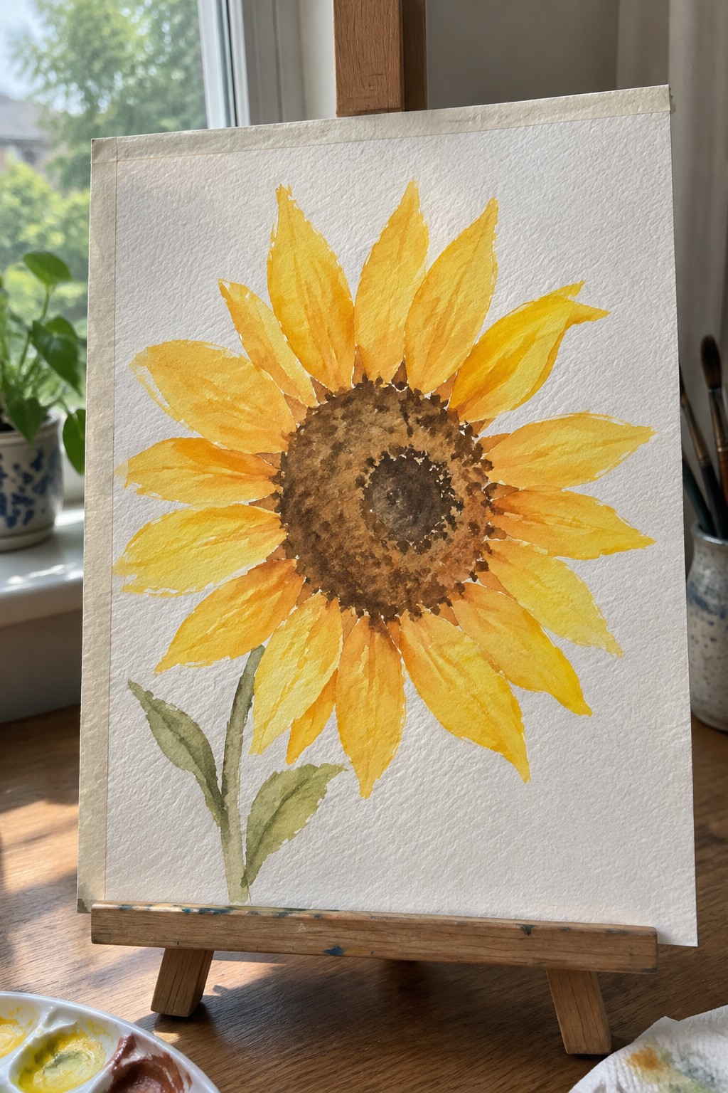 Watercolor sunflower with yellow petals and brown center on wooden easel by window.
