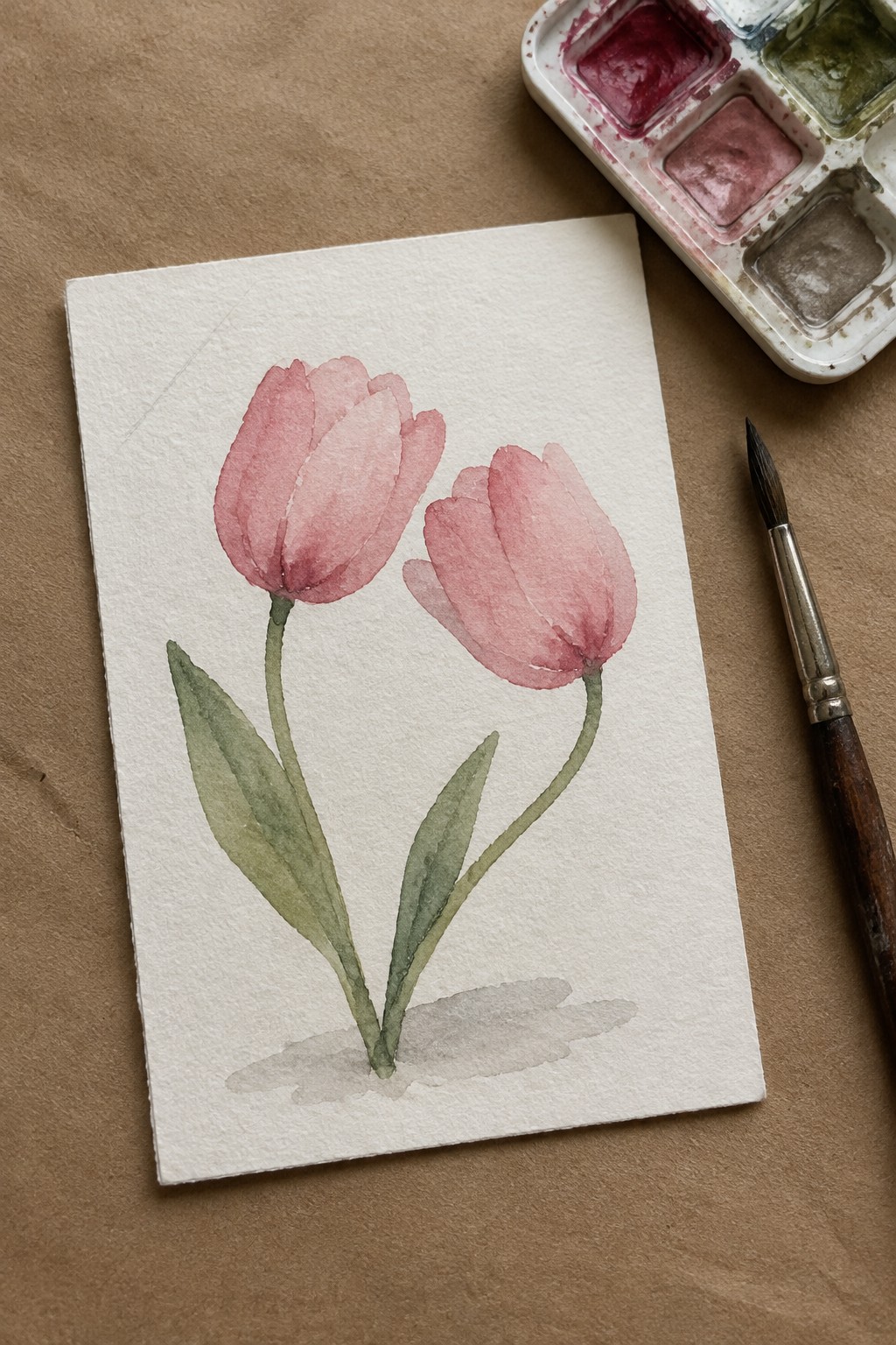 Watercolor painting of two pink tulips with palette and brush on brown paper.