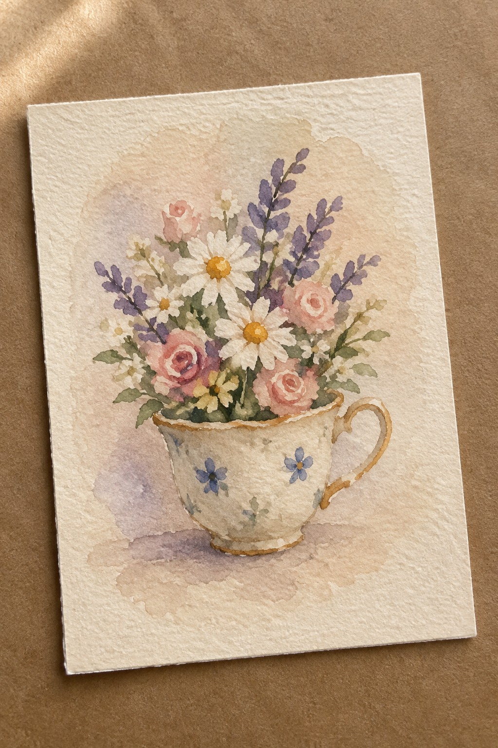 Watercolor of pink roses, daisies, and lavender blooms in a floral teacup
