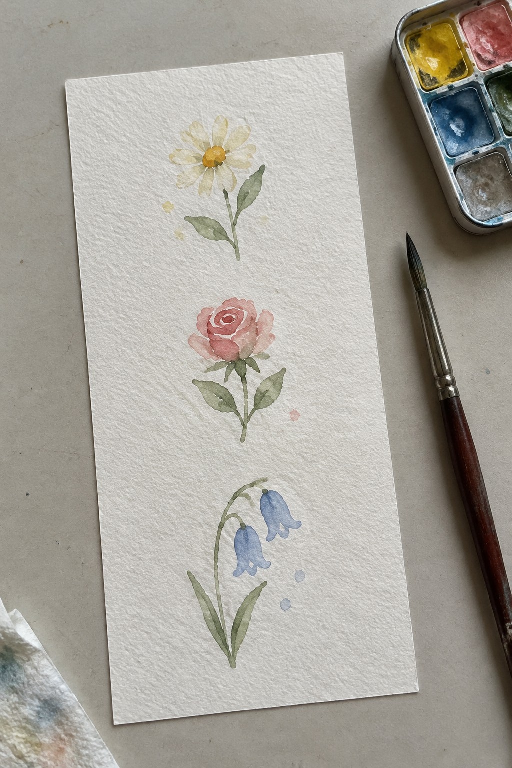 Watercolor daisy, pink rose, and bluebells on paper beside palette and brush
