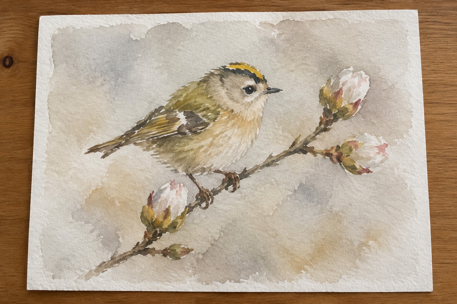 Watercolor painting of a small bird with yellow crown on a flowering branch