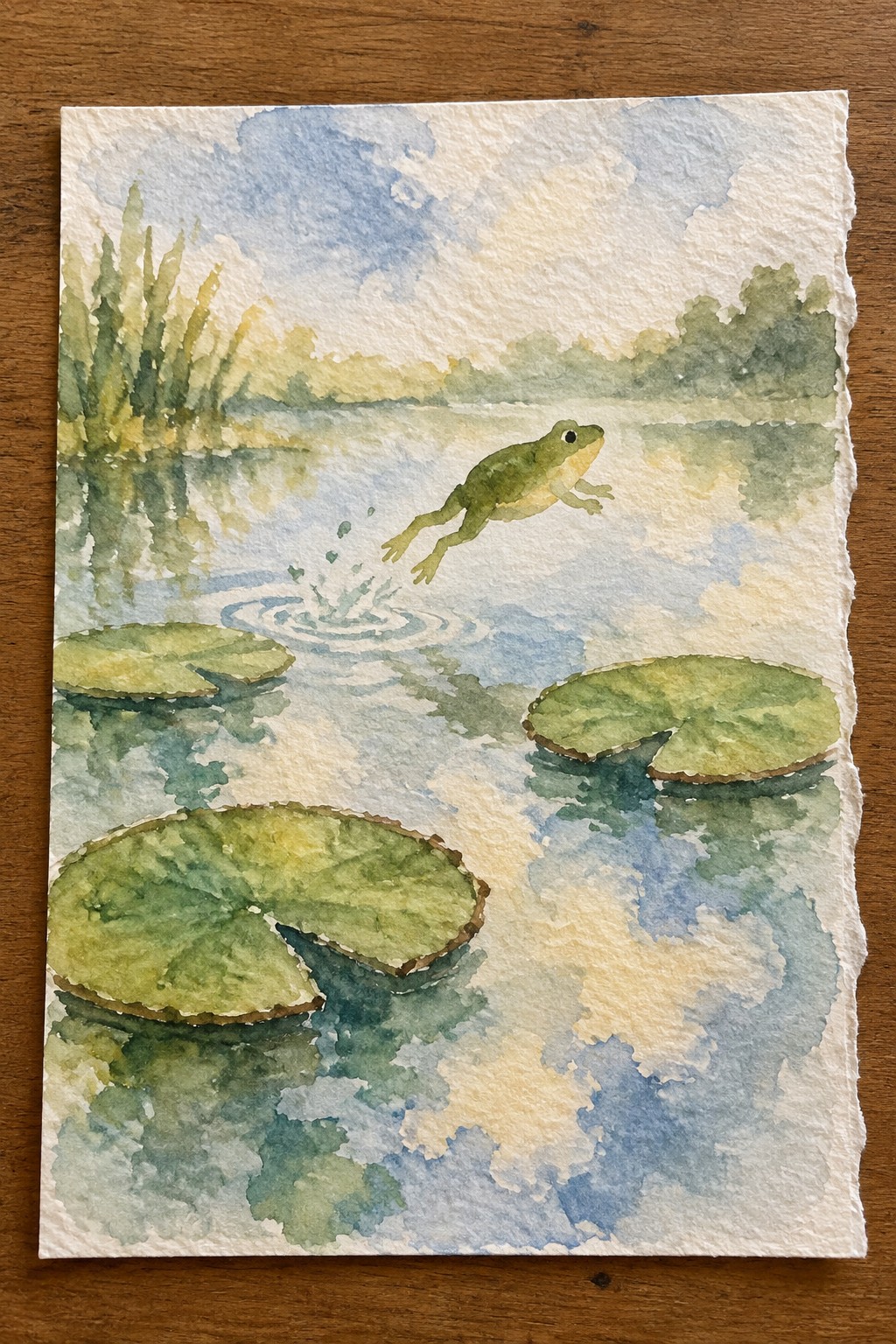 Watercolor of green frog leaping over lily pads in a reflective pond with sky and trees