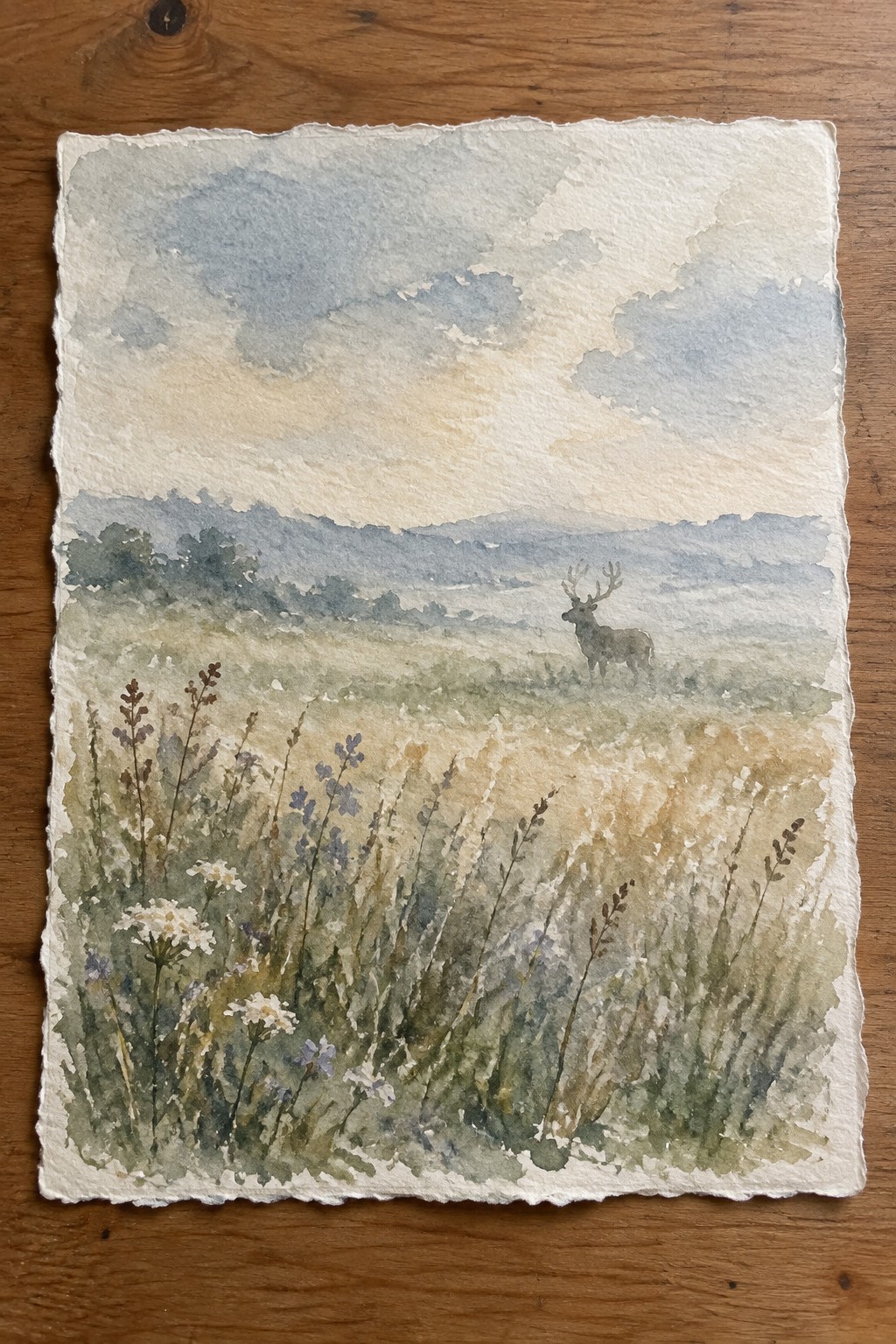Watercolor of a stag in a wildflower meadow with misty blue hills and soft clouds