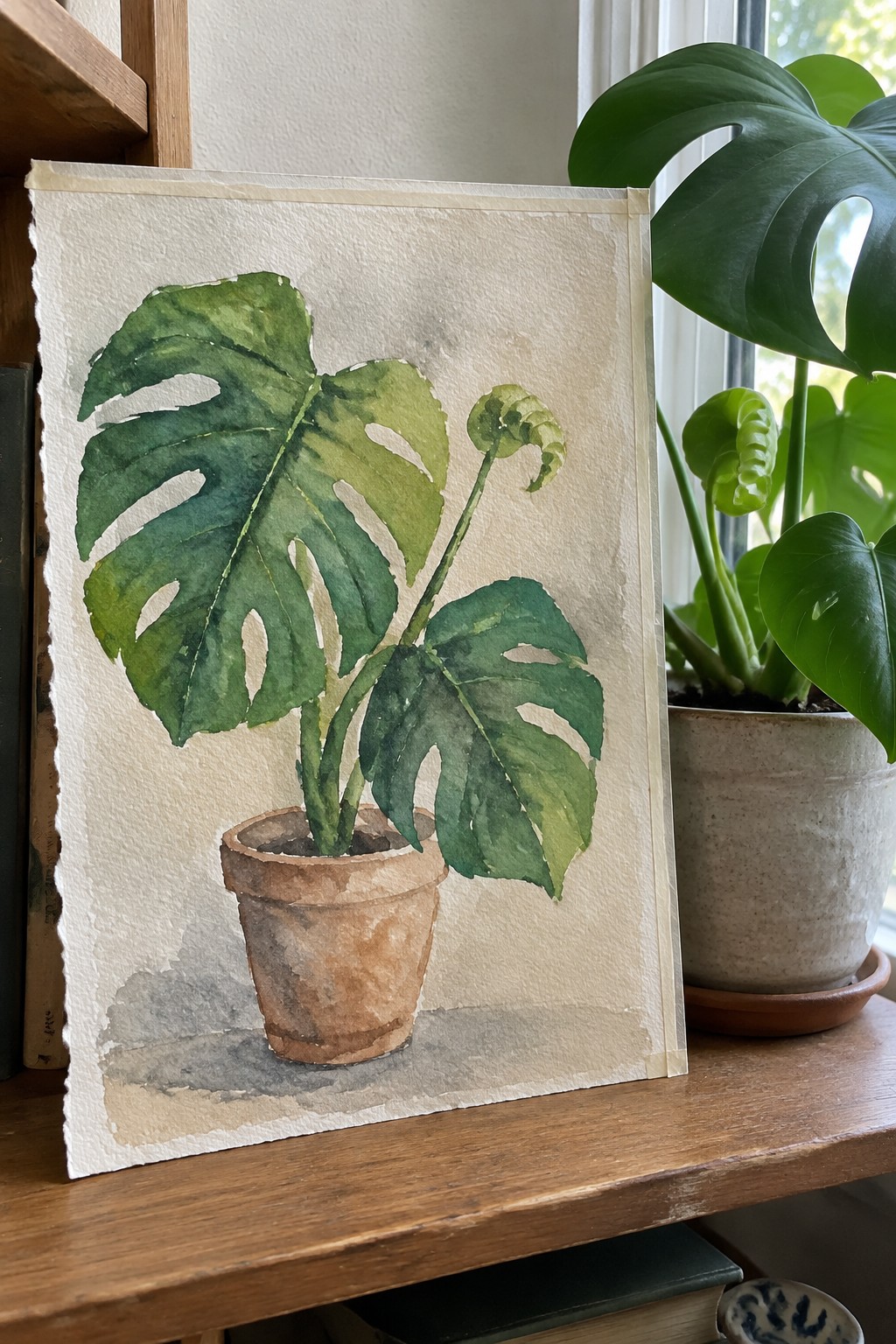 Watercolor painting of monstera in terracotta pot beside real plant on wooden table