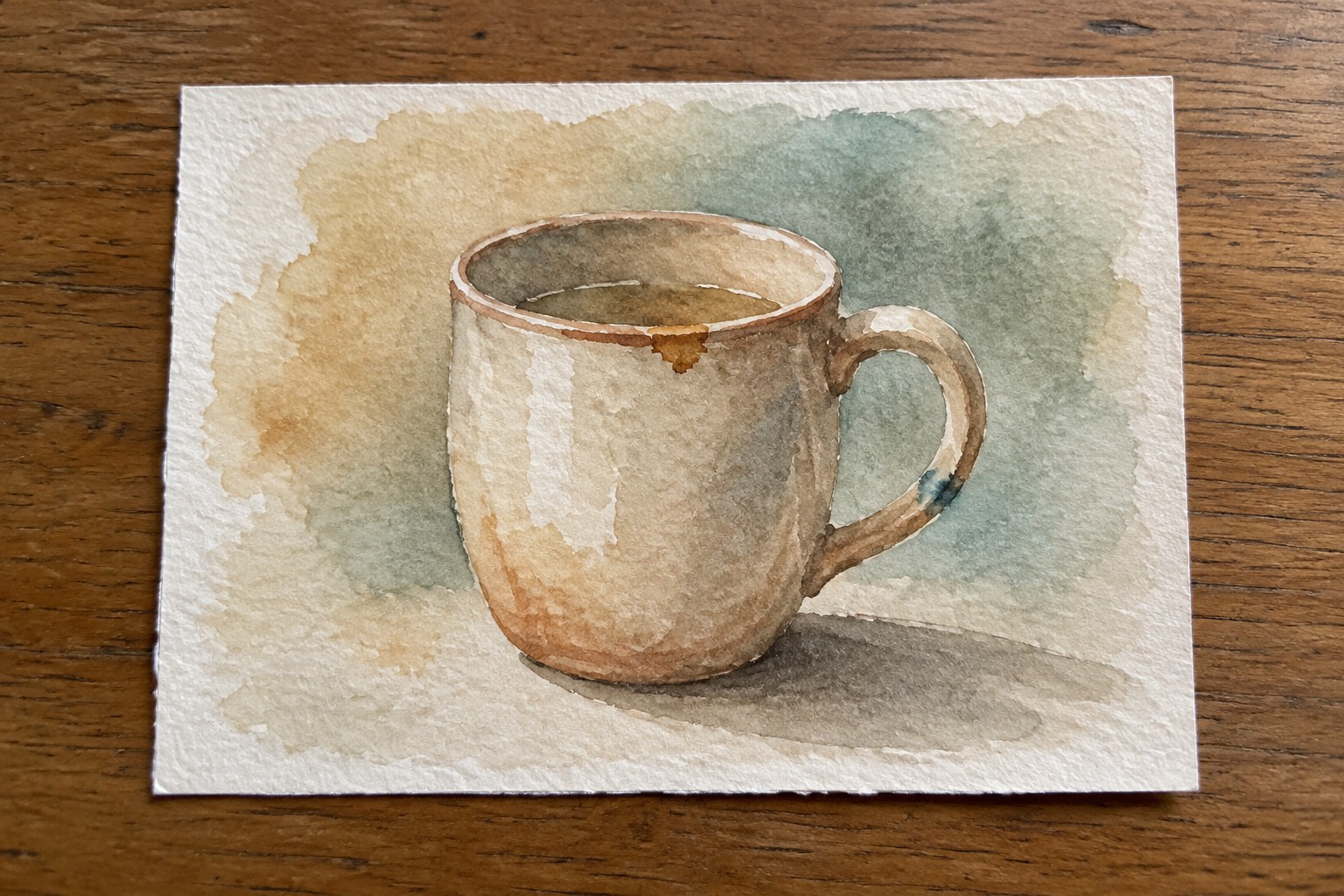 Watercolor painting of a stained ceramic mug filled with coffee on wood