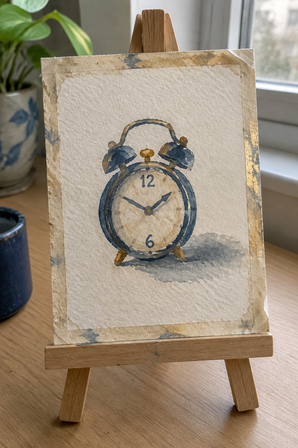Blue alarm clock watercolor on gold-edged aged paper atop wooden easel