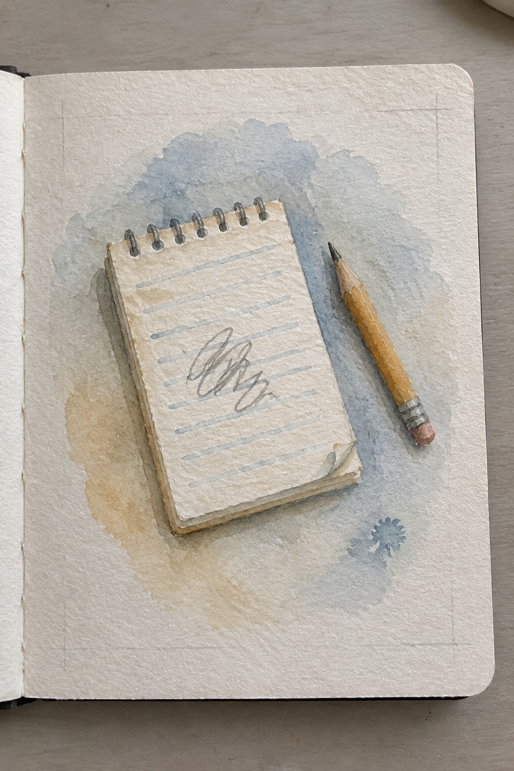 Watercolor of spiral notepad with scribbles and yellow pencil on open sketchbook with blue washes