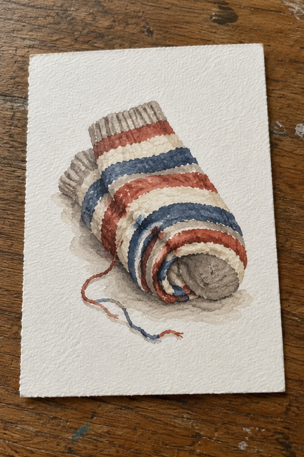 Watercolor of rolled red white blue striped knit sock with loose threads on paper