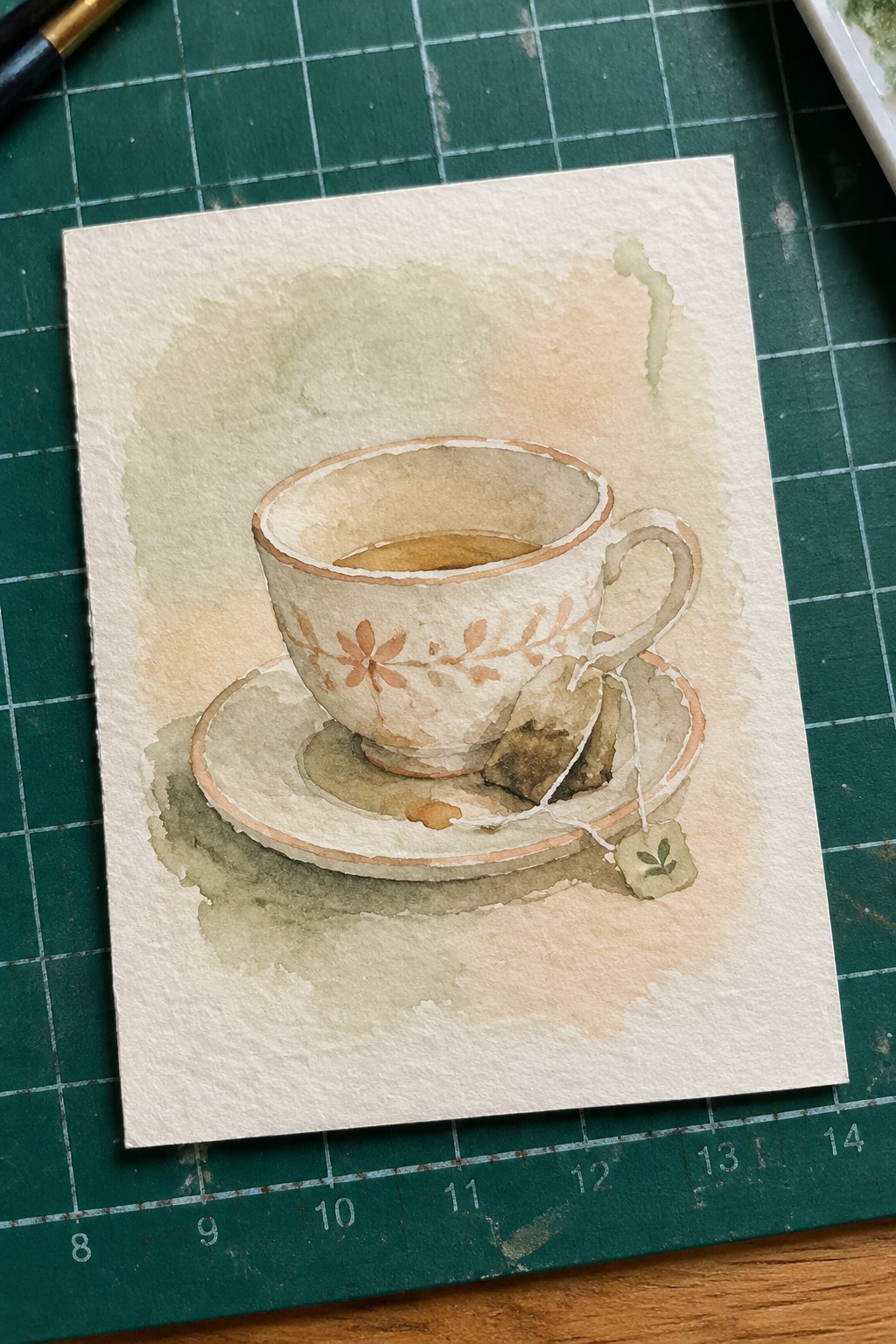 Watercolor of floral teacup with saucer and tea bag on green cutting mat