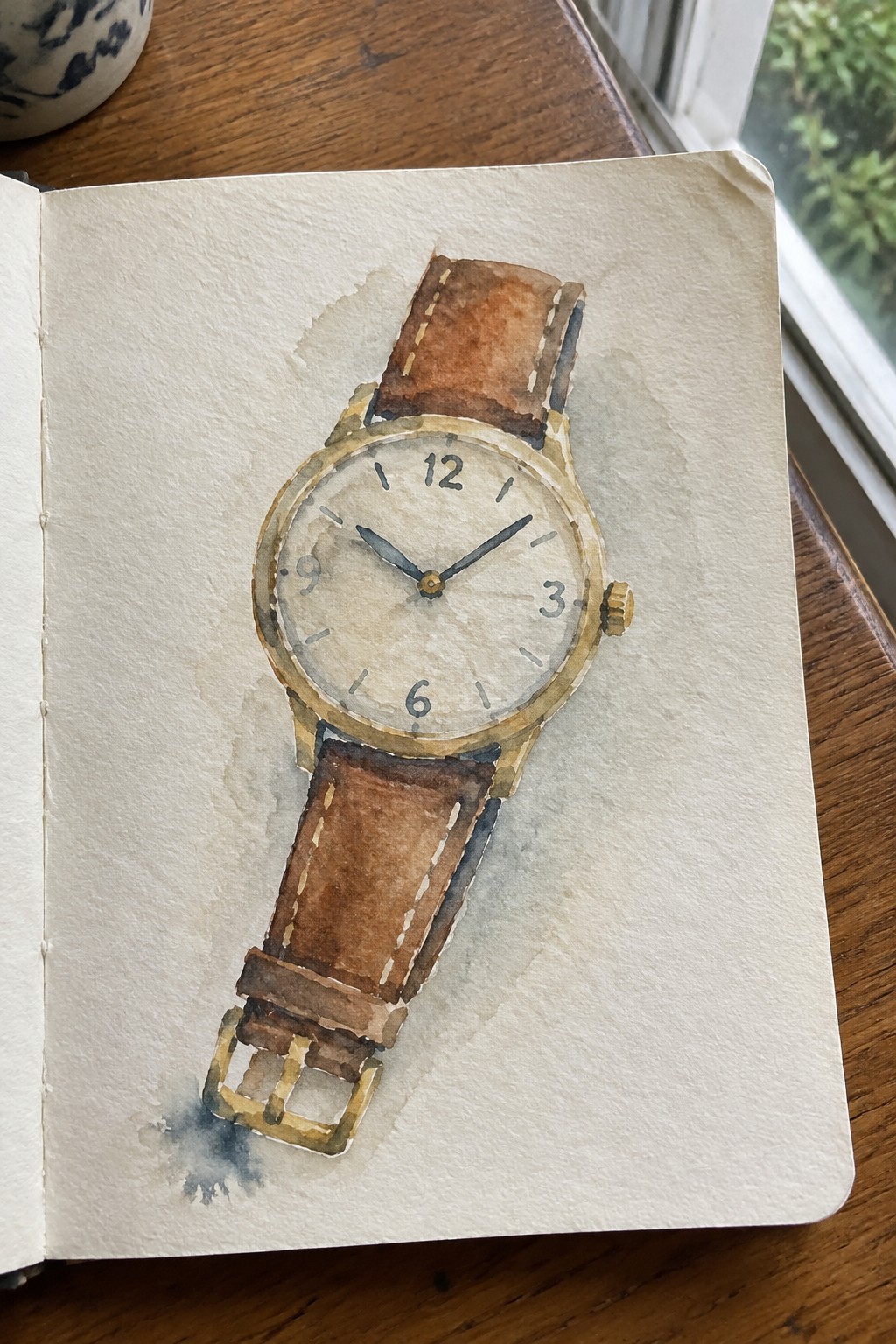 Watercolor painting of wristwatch with brown leather strap in open sketchbook on wood.