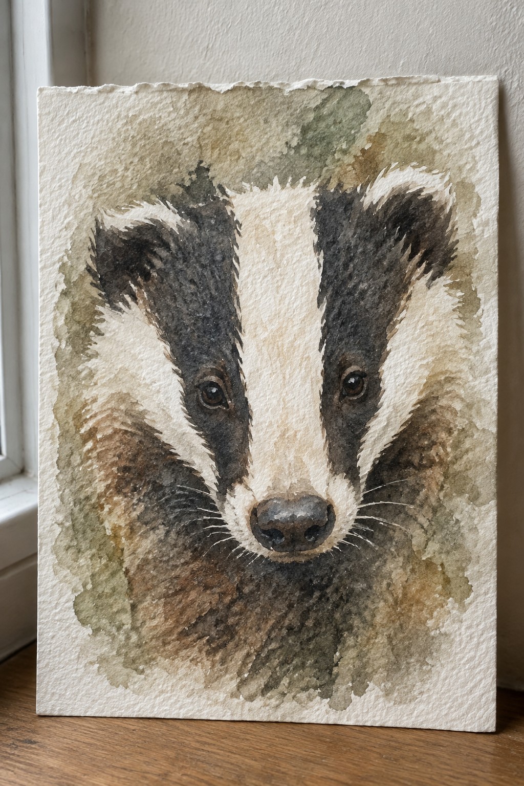 Watercolor painting of a badger face with black and white markings on textured paper
