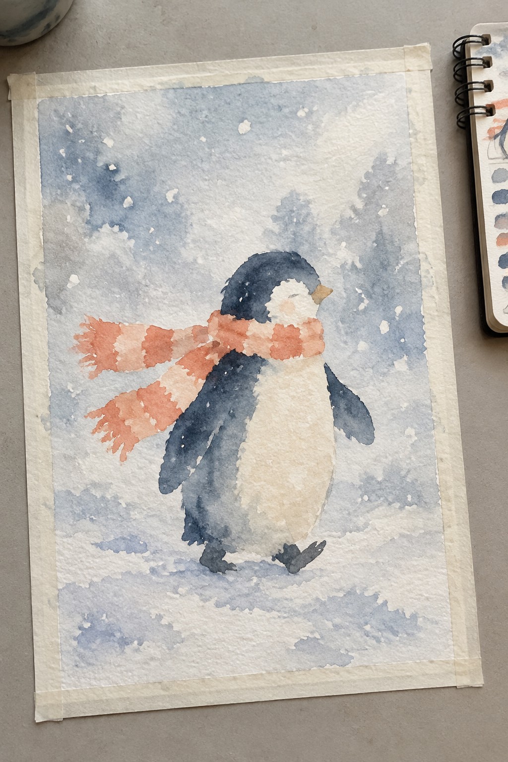 A watercolor painting of a penguin wearing a red and white striped scarf standing in a snowy landscape with soft blue washes.