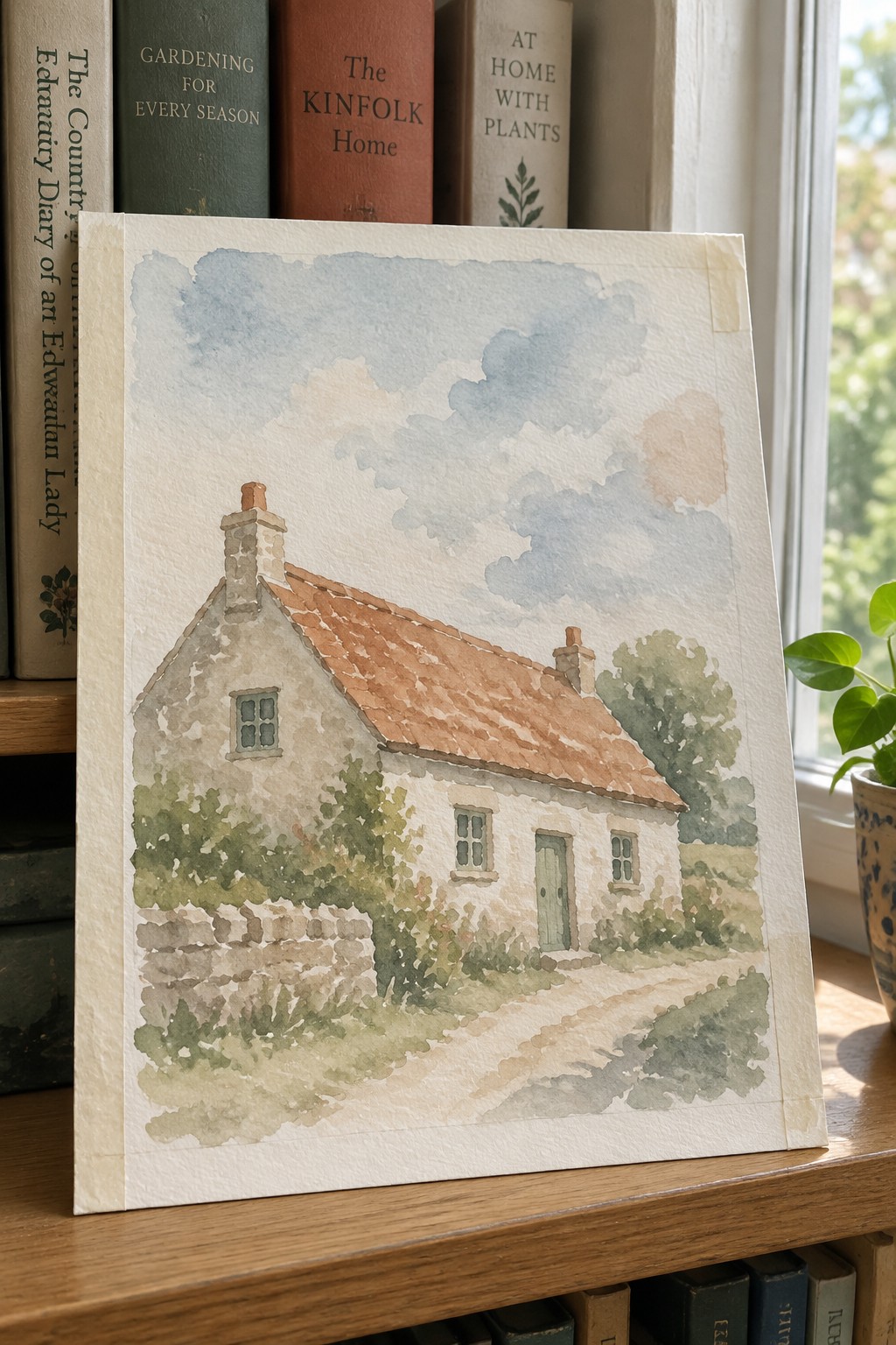 A watercolor painting of a white cottage with a brown roof, chimneys, and green garden set against a blended blue sky, propped on a wooden surface in front of books.