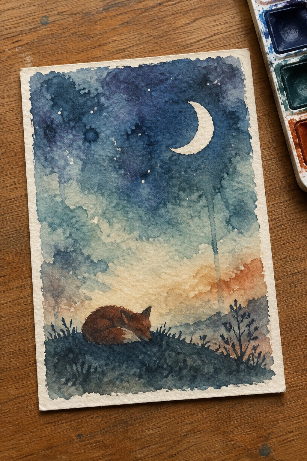 Watercolor painting of sleeping fox on hill under crescent moon and starry sky