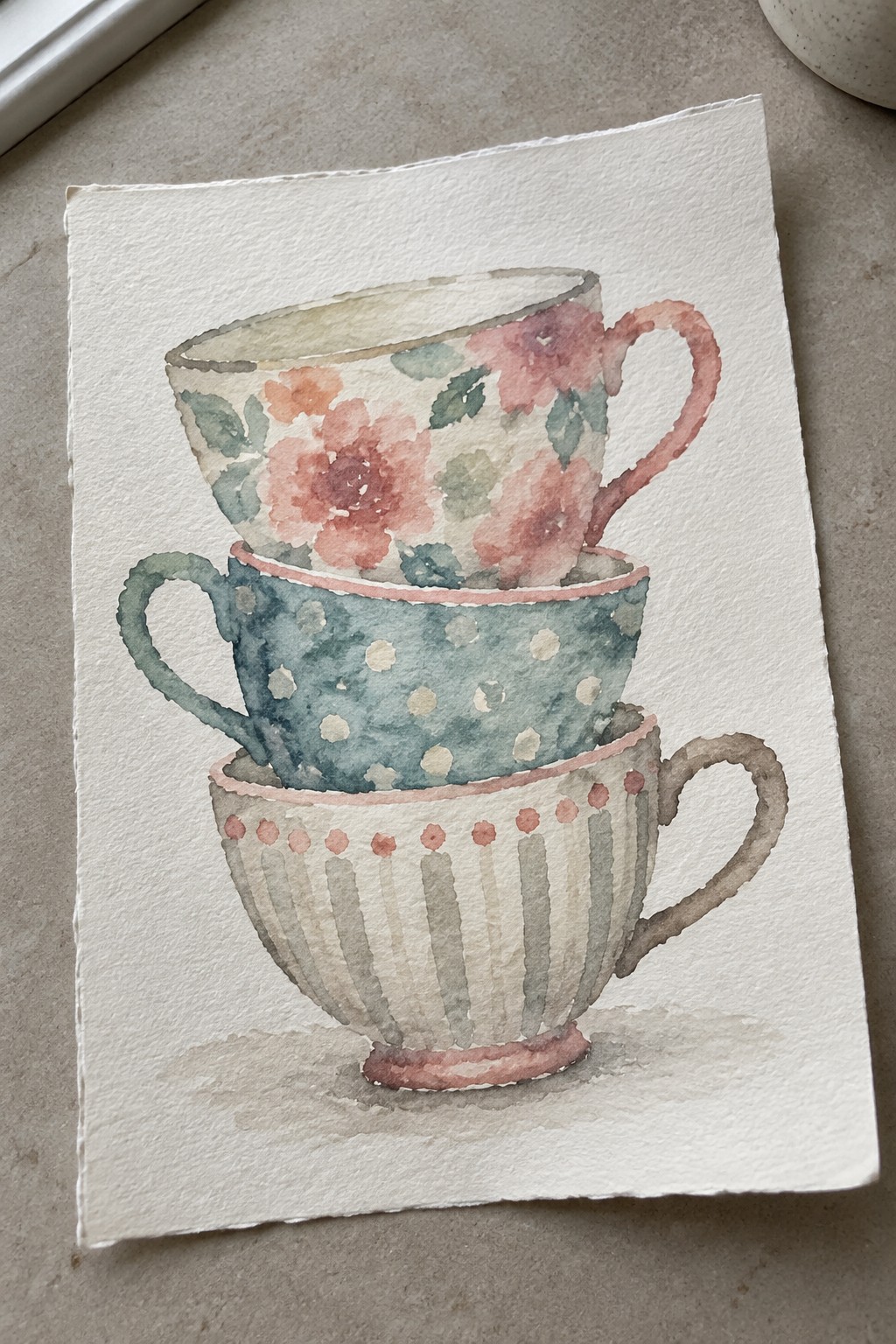 A watercolor painting of three stacked teacups with floral, polka dot, and striped patterns on white paper.