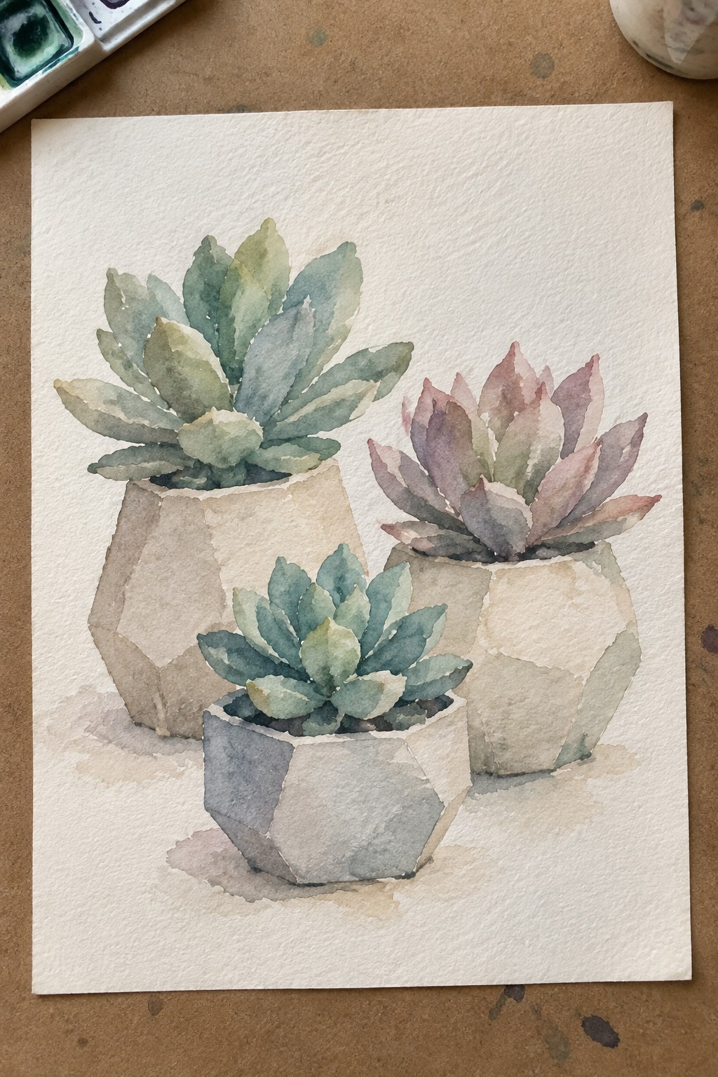 Watercolor painting of three succulents in geometric beige and gray pots.