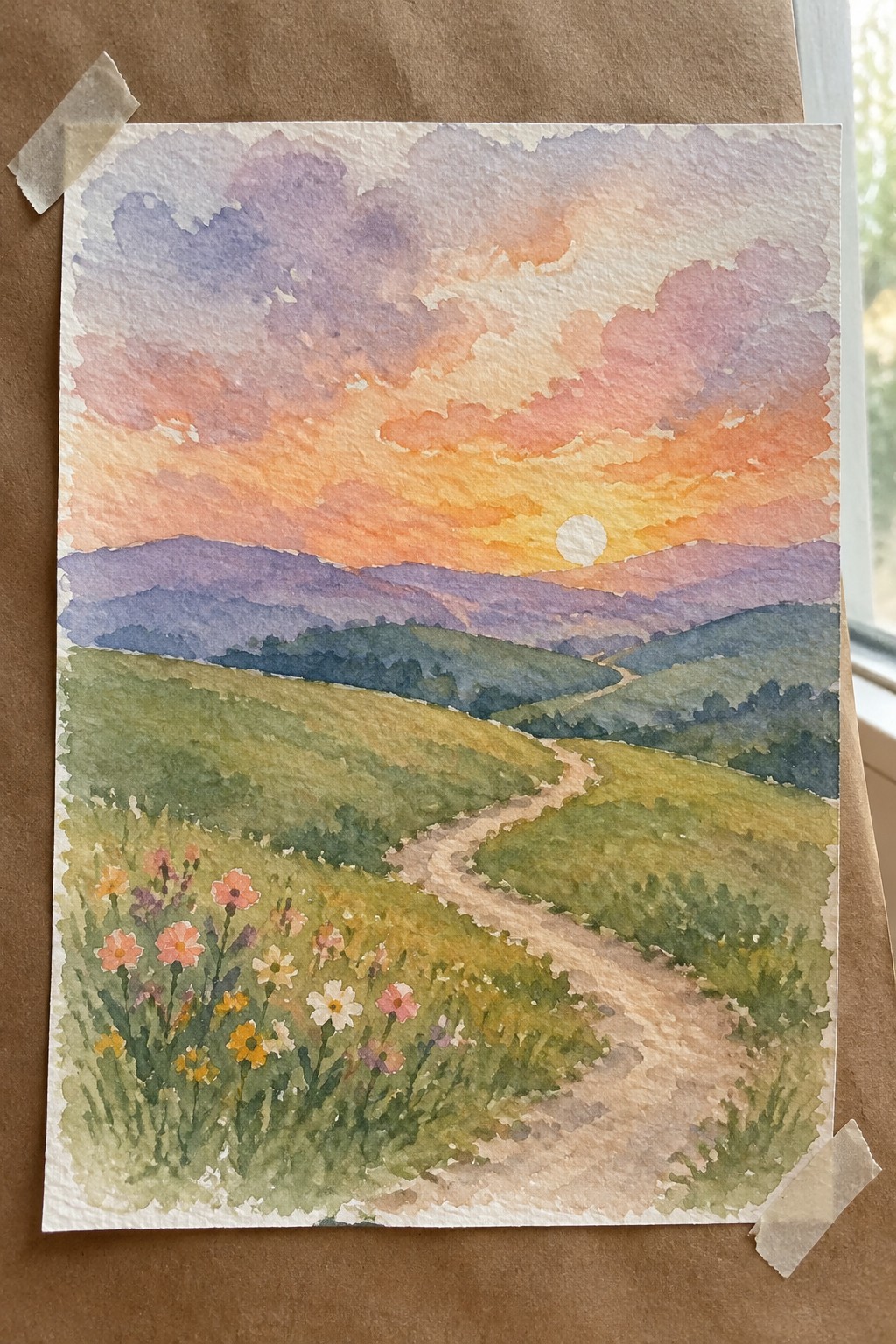 Watercolor sunset landscape with winding path, rolling hills, and colorful wildflowers.