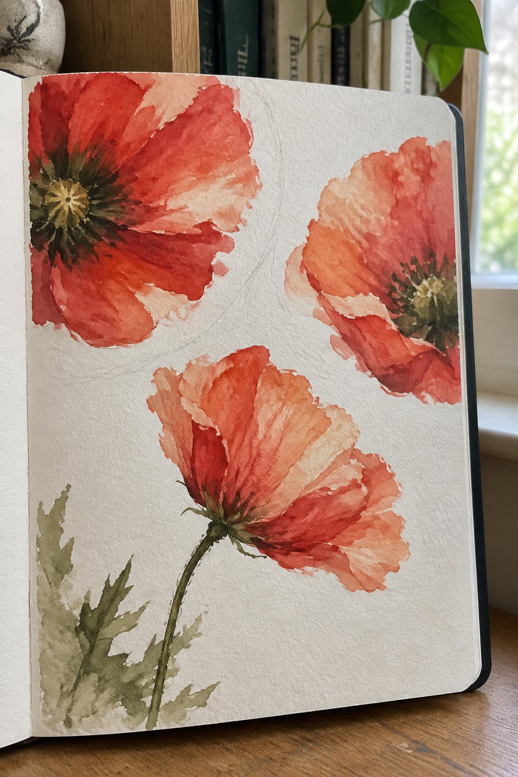 Open sketchbook with three vibrant red watercolor poppies and green stems on wood