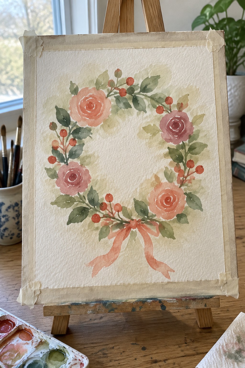 Watercolor wreath of coral roses, green leaves, berries, and pink bow on wooden easel