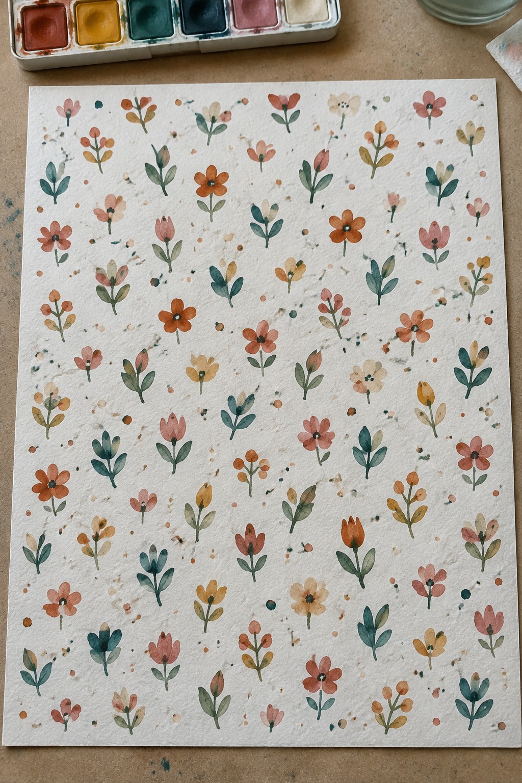 Watercolor painting of scattered pink, orange flowers with green leaves and palette