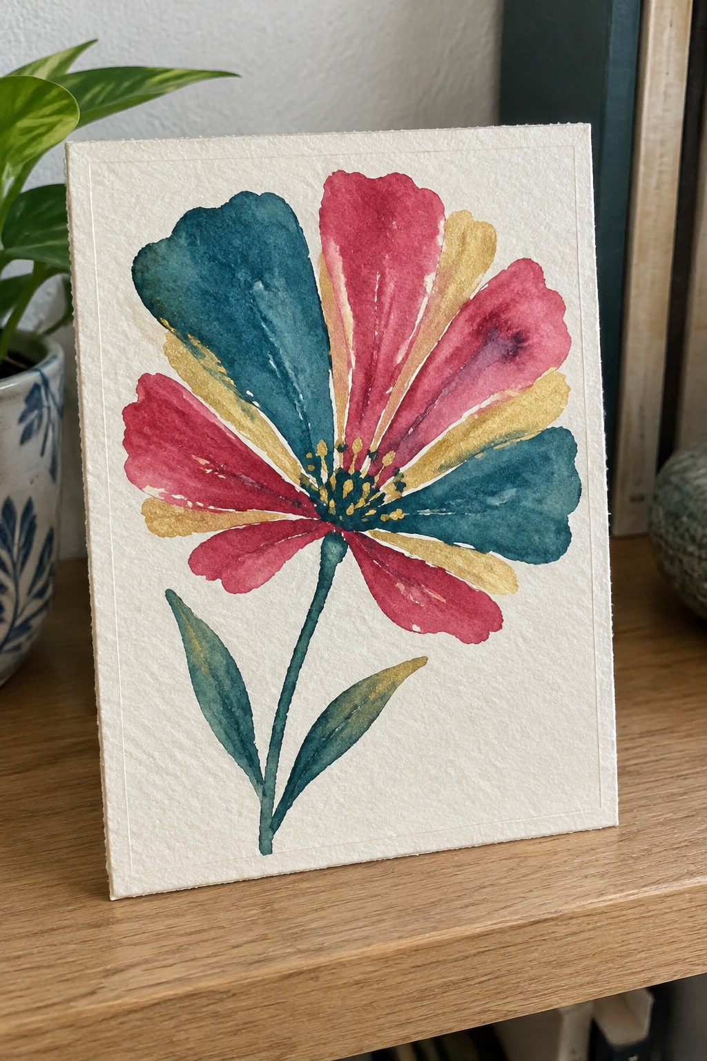 Watercolor flower with red, teal, and yellow petals on white paper over wood