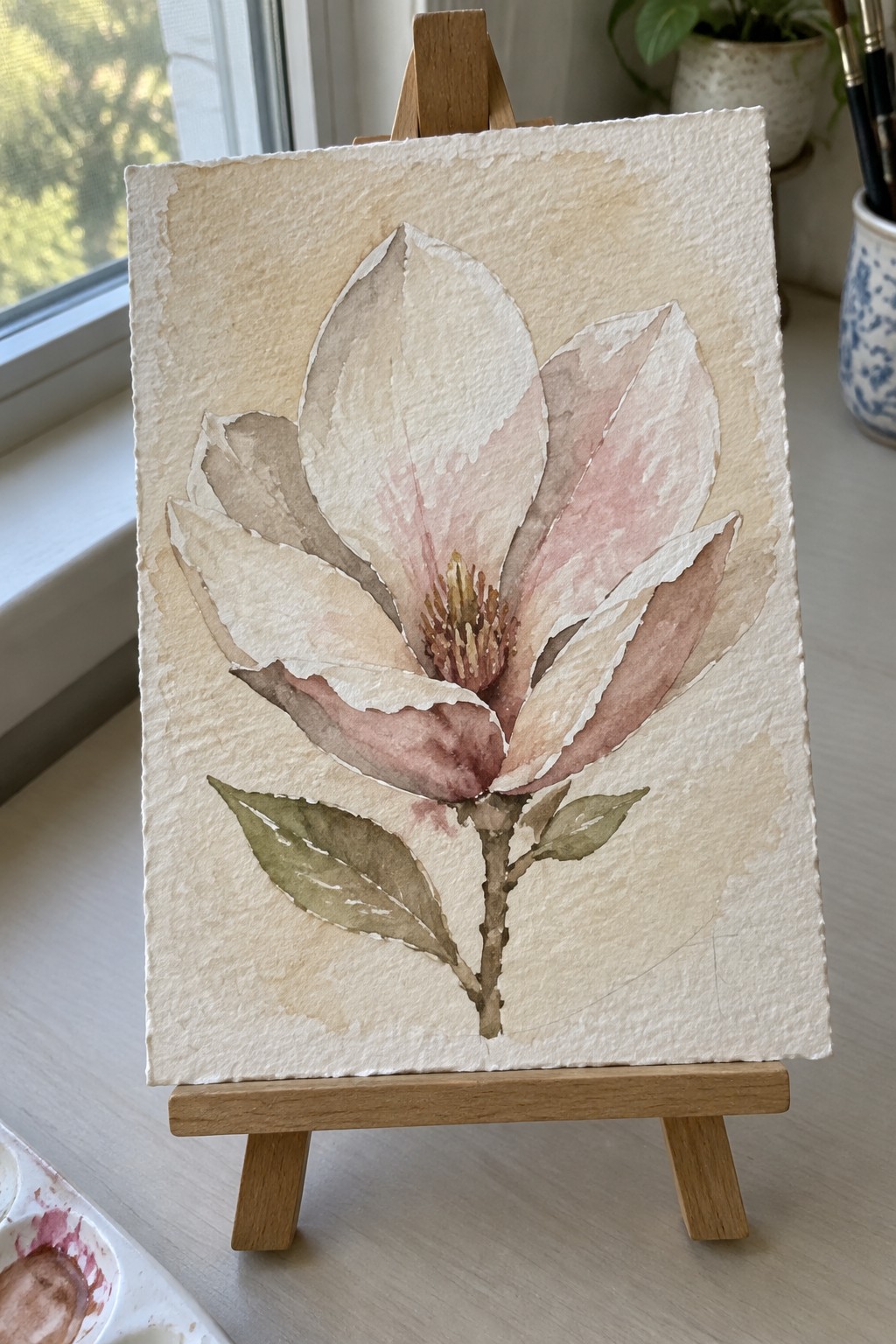 Watercolor magnolia flower in soft pink and beige tones on wooden easel.