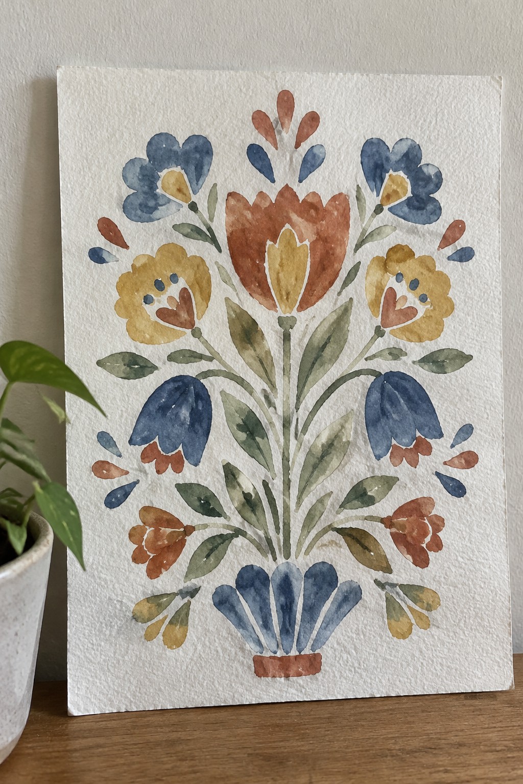 Watercolor folk art bouquet with blue, yellow, orange flowers, green leaves, and fan-shaped vase base